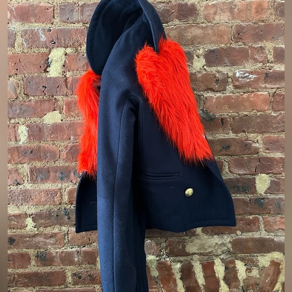 J. Crew Navy Cropped Jacket with Bold Faux Fur Collar - Picture 2 of 5